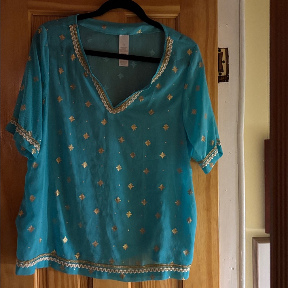 Boho Chic turquoise polyester sheer with gold star & trim designs size L